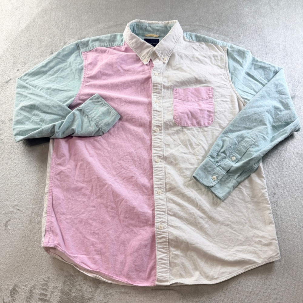 American Eagle Men's XL Colorblock Oxford Button Down Shirt Pastel Pink Blue